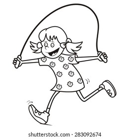 Girl And Jump Rope, Coloring Page, Black And White Illustration, Eps.