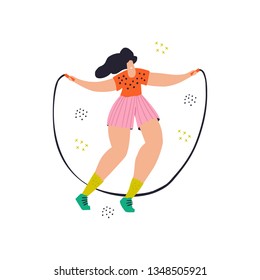 Girl jump with skipping rope flat color drawing. Woman in casual clothes cartoon character. Fitness exercise with jumping rope hand drawn illustration. Lady body workout, gymnastic training