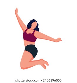 The girl jumped for joy. Express positive emotions. Body positivity in flat style. Concept of self-love and self-acceptance. Girl on vacation in a swimsuit.EPS10