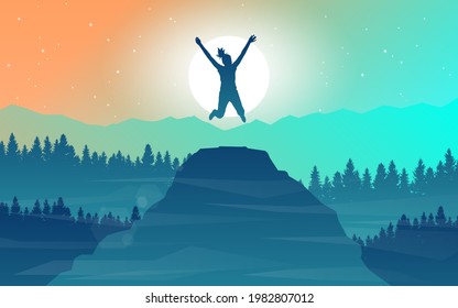 Girl jumped on top of mountain. Abstract landscape, Vector banner, polygonal landscape illustration, Minimalist style, Flat design. Travel concept of discovering, exploring. Hiking. Adventure tourism.