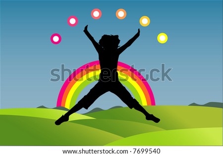 girl jumping in a beatifull rainbow day