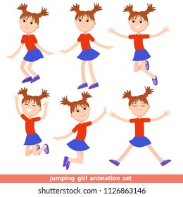 Girl jumping character set, for animation, cartoon, game, motion design. Funny cheerful kid hop, skip, leap, smile, play. Cute face, different move poses. Active healthy childhood vector illustration.