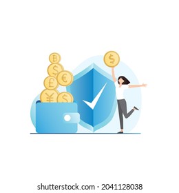 Girl jumping with coin in her hands. Money, currency, cash in big wallet are protected by shield. Insurance of finances, deposits, property. Banking service. Crypto, dollar, euro, sterling, yuan.