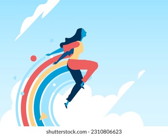 A girl jumping free in blue sky leaving a rainbow trail behind her.