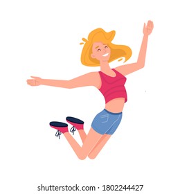 Girl jumping with happy smile, hands up and laughing, vector flat isolated character. Young woman girl jump up smiling, freedom and life enjoy, celebration success or joy and happiness