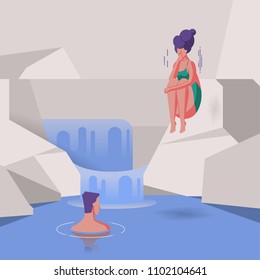 girl jumping into lake with waterfall, illustration