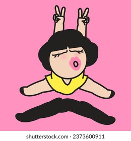 Girl Jumping In Joy Showing Hand With Two Victory Fingers Up Concept Card Character illustration