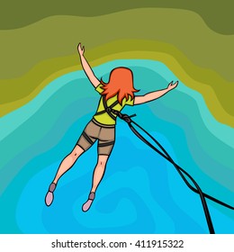 Girl jumping off a cliff with a rope