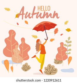 a girl jumping on autumn background, background concept with flat vector design illustrations.