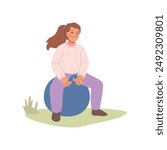 Girl jumping on big ball on grass, smiling young girl jumps on balloon, child bouncing on hopper ball. Cartoon style vector illustration. Happy woman bounce in park, fitness exercises