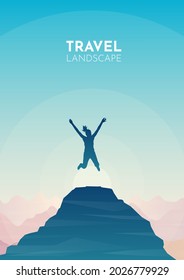 Girl jumping on top of the mountain. Travel concept of discovering, exploring and observing nature. Hiking tourism. Adventure. Minimalist graphic flyers. Polygonal flat design. Vector illustration.