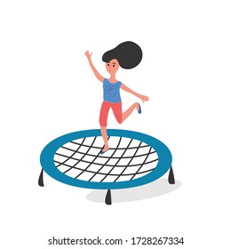 Chica saltando sobre trampolín. Entrenamiento deportivo de acrobacia. Ilustración aislada de vectores