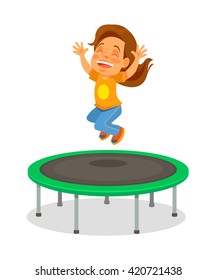 Girl jumping on trampoline. Vector flat cartoon illustration