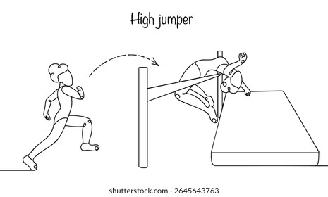 Girl jumping over a high bar with a running start, clearing the bar at the highest possible height. Isolated vector on white background, hand drawn. Line illustration for different uses.