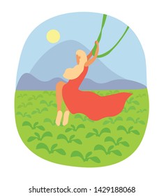 Girl jumping over jungle holding liana. Extremal outdoor leisure activity. Blonde girl in red dress on forest and mountain background. Travel alone to tropical island. Flat cartoon vector illustration
