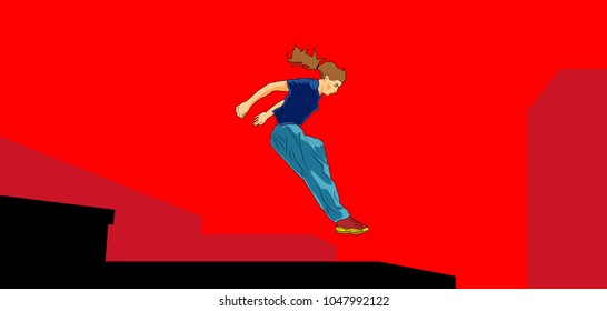 Girl jumping and overcomes obstacles. Parkour. Active lifestyle. Courage and adrenaline. Roofer. Vector illustration of a style of pop art.