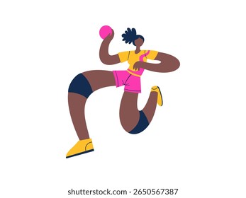 Girl jumping preparing to throw a ball. Vector illustration handball.