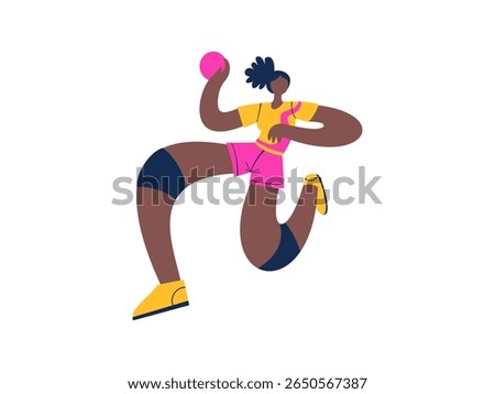 Girl jumping preparing to throw a ball. Vector illustration handball.