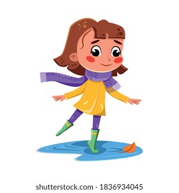 Girl Jumping in Puddles Wearing Rubber Boots and Yellow Raincoat Cartoon Style Vector Illustration