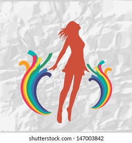 The girl jumping with rainbow.