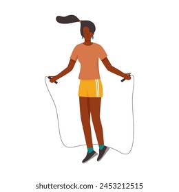 Girl jumping rope cardio. Girl with sport equipment, fitness gym accessories flat vector illustration