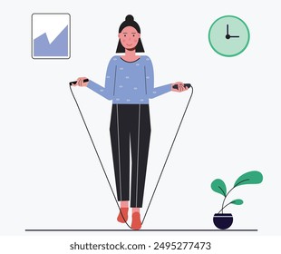 GIRL JUMPING ROPE ILLUSTRATION.SPORT WORKOUT VECTOR DESIGN.