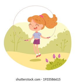 Girl Jumping With Rope In Physical Education Class Outdoor. Child Doing Active Exercise In PE Lesson Vector Illustration. Happy Kid Skipping And Smiling With Sports Equipment In Park.