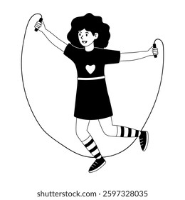 Girl jumping rope in a playful mood with a happy expression outdoors