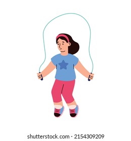Girl jumping rope in school gym class or school yard. Physical education at school concept, flat cartoon vector illustration isolated on white background.
