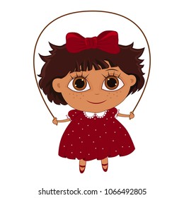 Girl jumping rope. Vector illustration. Postcard, banner, sticker.