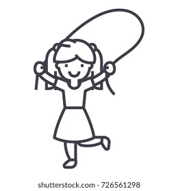 girl with jumping rope vector line icon, sign, illustration on background, editable strokes