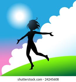 a girl jumping and running around with joy