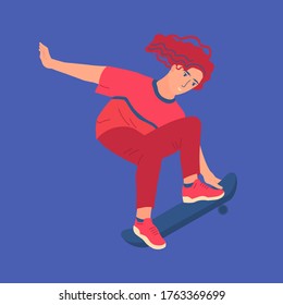 Girl jumping skateboard. Short hair young woman in male clothes on skate in the air. Isolated flat style vector illustration. Card, poster or web design element.