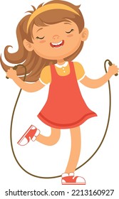 Girl jumping with skipping rope. Cartoon happy kid