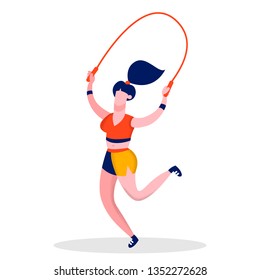 Girl Jumping Skipping Rope Flat Color Illustration. Woman in Sportive Clothes Cartoon Character. Fitness Exercise with Jumping. Lady Body Workout, Gymnastic Training. Healthy Lifestyle Design Element