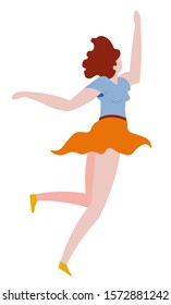 Girl jumping in skirt cheerfully, feeling and emotion, happy woman in summer clothes, isolated character vector. Happiness, freedom and motion, successful female person. Positive mood and summertime