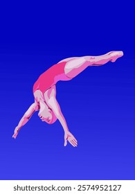 Girl jumping from a springboard. Diving from a springboard. Vector illustration.