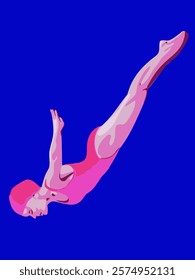 Girl jumping from a springboard. Diving from a springboard. Vector illustration.