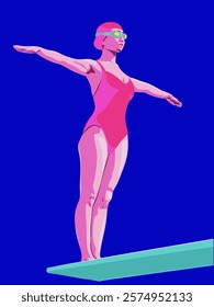 Girl jumping from a springboard. Diving from a springboard. Vector illustration.