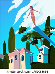
girl jumping from a springboard, vector illustration