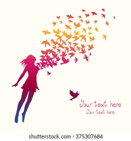 The girl jumping with swarm of birds.