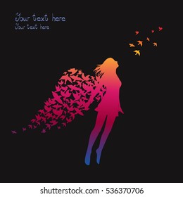 The girl jumping with swarm of birds.