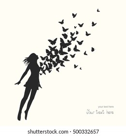 The Girl Jumping With Swarm Of Butterflies.