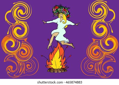 Girl jumping through fire. Slavian traditional celebration. Summer holiday July 7th. Hand drawn vector stock illustration.