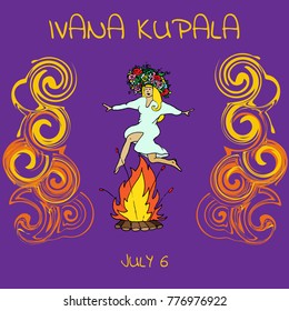 Girl jumping through fire. Slavian traditional celebration. Summer holiday July 7th. Hand drawn vector stock illustration.