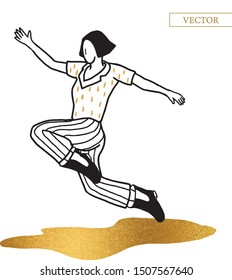 Girl  jumping through the puddles. Modern fashion vector illustration with gold elements.