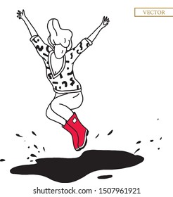 Girl  jumping through the puddles. Modern fashion vector illustration .