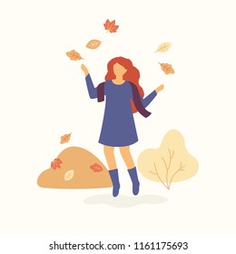 Girl is jumping and throwing autumn leaves up and having autumn mood. Autumn concept Vector flat illustration. Fall and pile of leaves on light background.