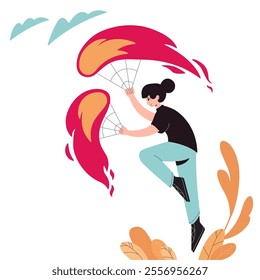 A girl jumps with fiery fans. Fire Festival. Hand drawn vector illustration for the website.  A fireman performing outdoors.