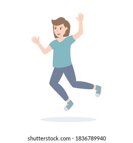 The girl jumps, happily throws her hands in different directions. happy woman in blue jeans. Isolated vector illustration